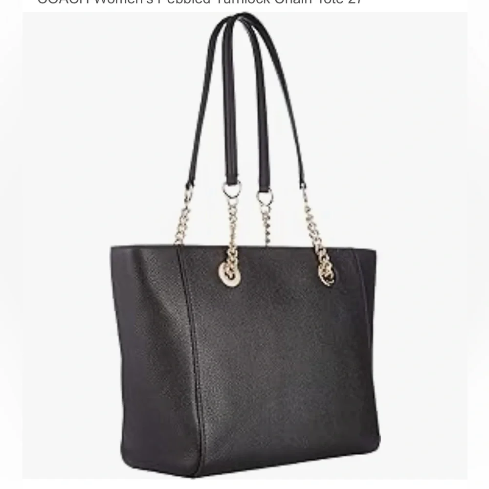 Coach 57107 Black Leather Turnlock Silver Chain Strap Tote Bag - Picture 2 of 13